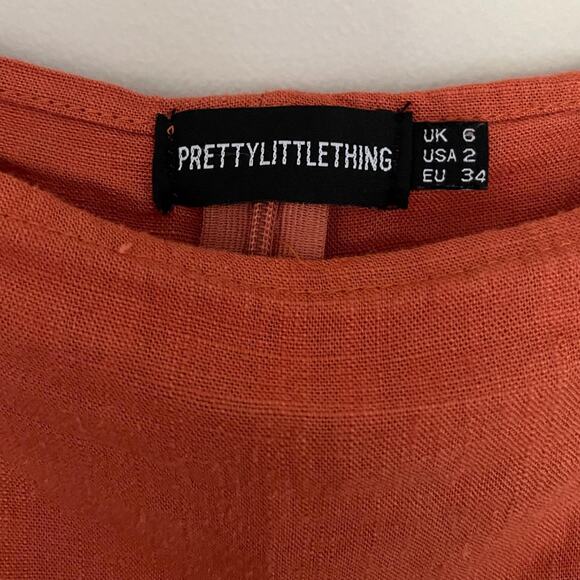 Pretty Little Thing Women's Orange Linen Crop top puffy sleeves size 2 - Picture 3 of 7